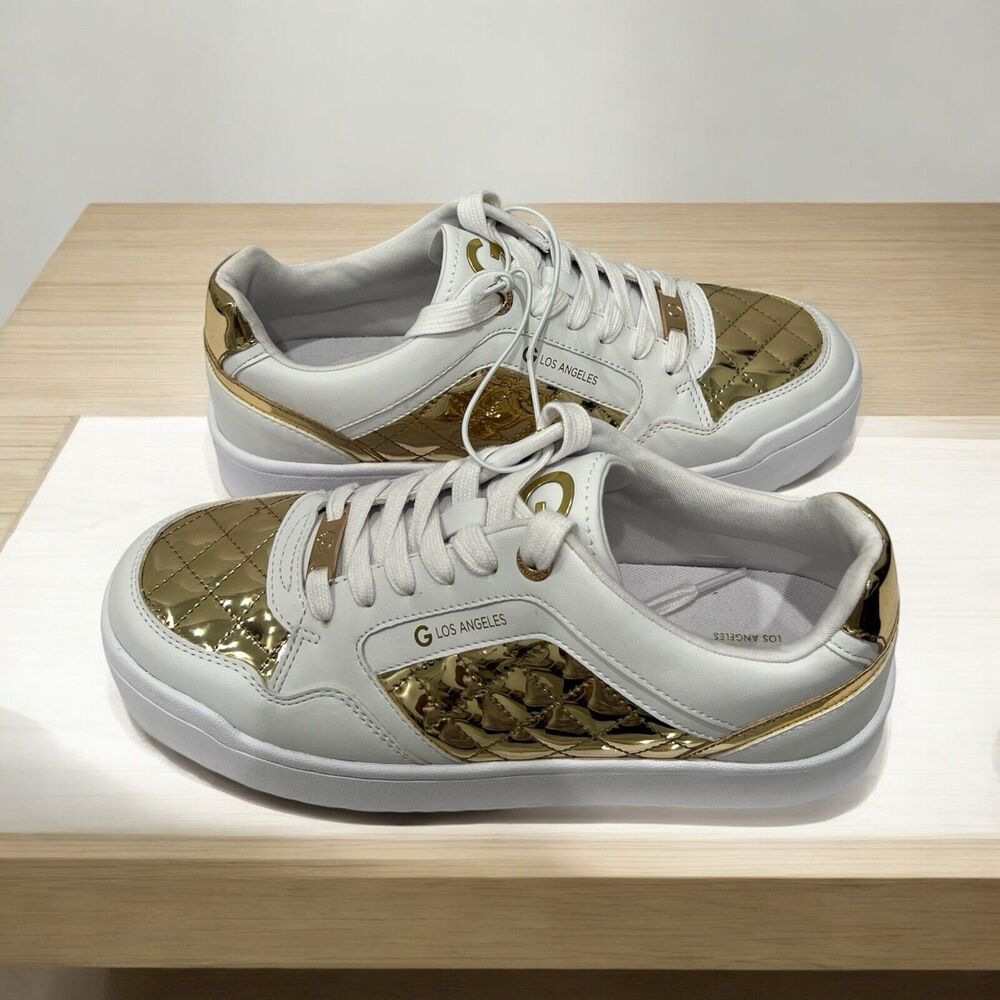 Guess Women’s Quilted Gold & White Leather Sneakers Size 10 New - Picture 4 of 6